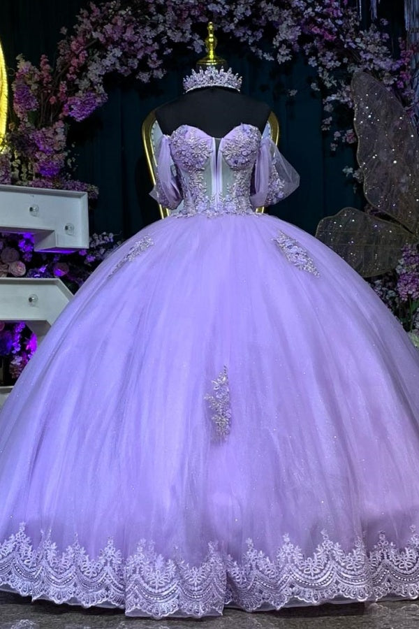 Langes Quinceanera-Kleid mit Herzausschnitt für Damen, trägerloses Korsett mit Blumenapplikationen, Perlenbesetztes Tüll-Ballkleid 