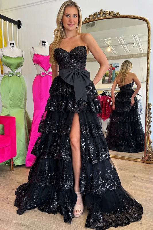 WU1041 - A-Line Strapless Sleeveless Lace Sequins Apliques Tiered High Side Slit Floor Length Prom Dress Evening Party Gown with Bow Knot