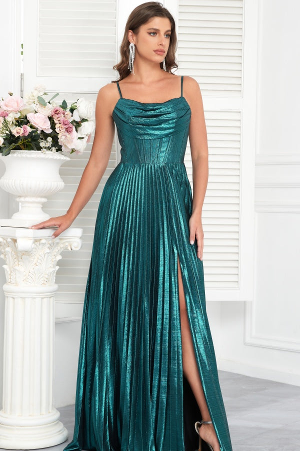 WU1096 - Schickes und modernes A-Linien-Kleid, trägerlos, Spaghettiträger, plissiert, gerüscht, Ball- und Partykleid, überkreuzte Träger, hoher Seitenschlitz, formelles Abendkleid, Cocktailkleid, Kleid für Hochzeitsgäste