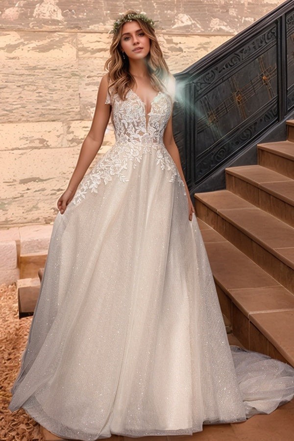 A-Line V Neck Spaghetti Straps Open Back Appliques Tulle Wedding Dress WW1021