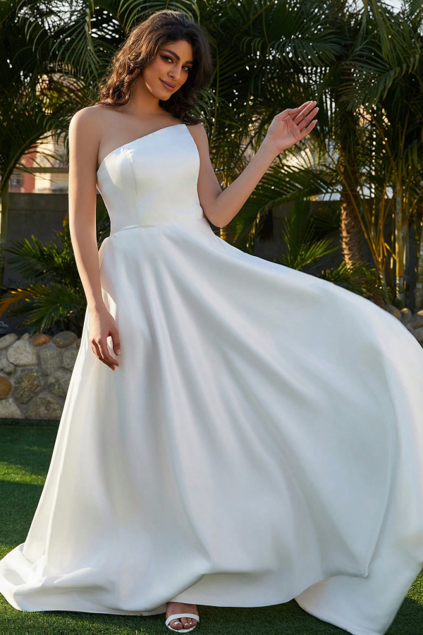 A-Line Strapless Lace Up Court Train Satin Wedding Dress WW1046