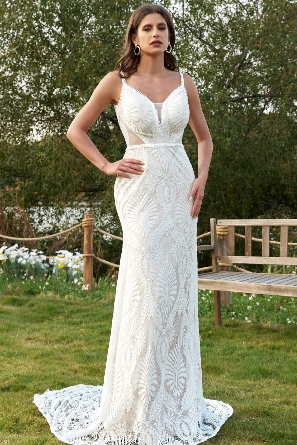 Mermaid V Neck Spaghetti Straps V Back Lace Bohemian Wedding Dress WW1001