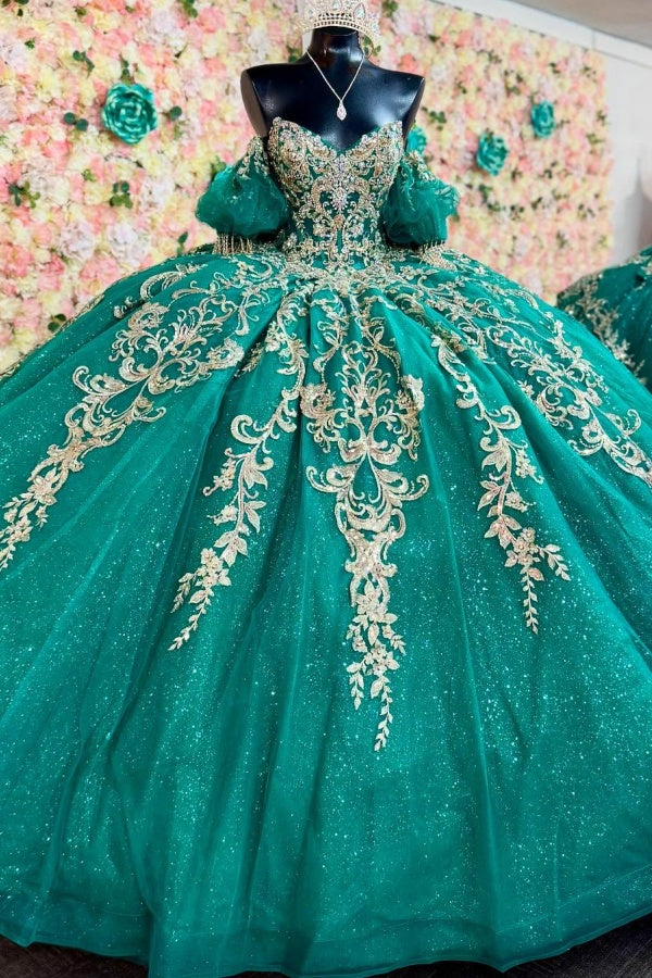 Langes Quinceanera-Kleid mit Herzausschnitt für Damen, trägerloses Korsett mit Blumenapplikationen, Perlenbesetztes Tüll-Ballkleid 