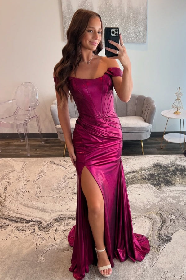 Off Shoulder High Side Slit and Train Prom Dress WU1321