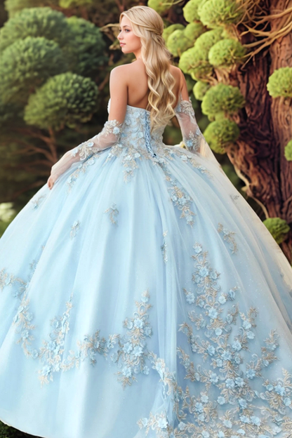 WQ1306 - Chic & Modern Ball Gown Sweetheart Neck Detachable Long Bell Sleeves 3D Flower Appliques Lace Up Sky Blue Tulle Quinceanera Dress Formal Evening Party Gown for Sweet 16