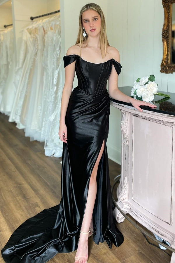WU1130 - Wunderschönes schulterfreies ärmelloses Ball- und Partykleid mit Pailletten, hohem Seitenschlitz und Schleppe, Abendkleid, Cocktailkleid
