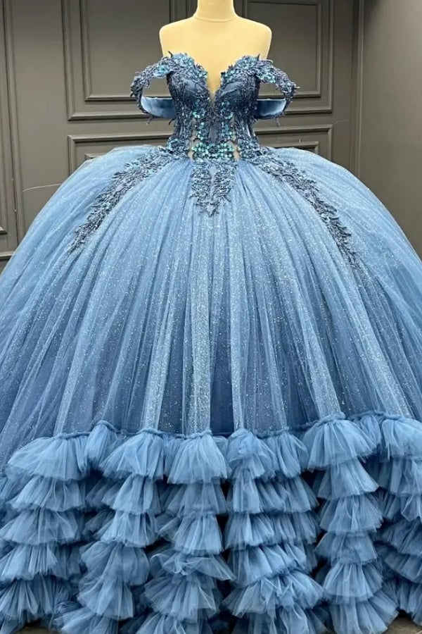 Langes Quinceanera-Kleid mit Herzausschnitt für Damen, trägerloses Korsett mit Blumenapplikationen, Perlenbesetztes Tüll-Ballkleid 