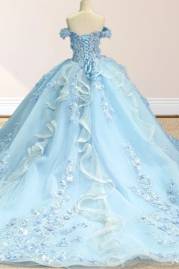 WQ1291 - Chic & Modern Ball Gown Off Shoulder 3D Flower Appliques Lace Up Sweep Train Baby Blue Tulle Quinceanera Dress Birthday Party Dress for Sweet 16