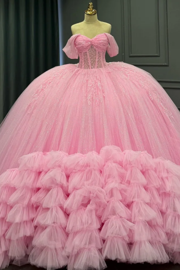 Langes Quinceanera-Kleid mit Herzausschnitt für Damen, trägerloses Korsett mit Blumenapplikationen, Perlenbesetztes Tüll-Ballkleid 