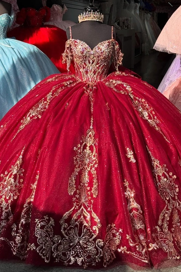 Off Shoulder Sleeveless Spaghetti Straps Beaded Gold Appliques Red Quinceanera Dress WQ1356