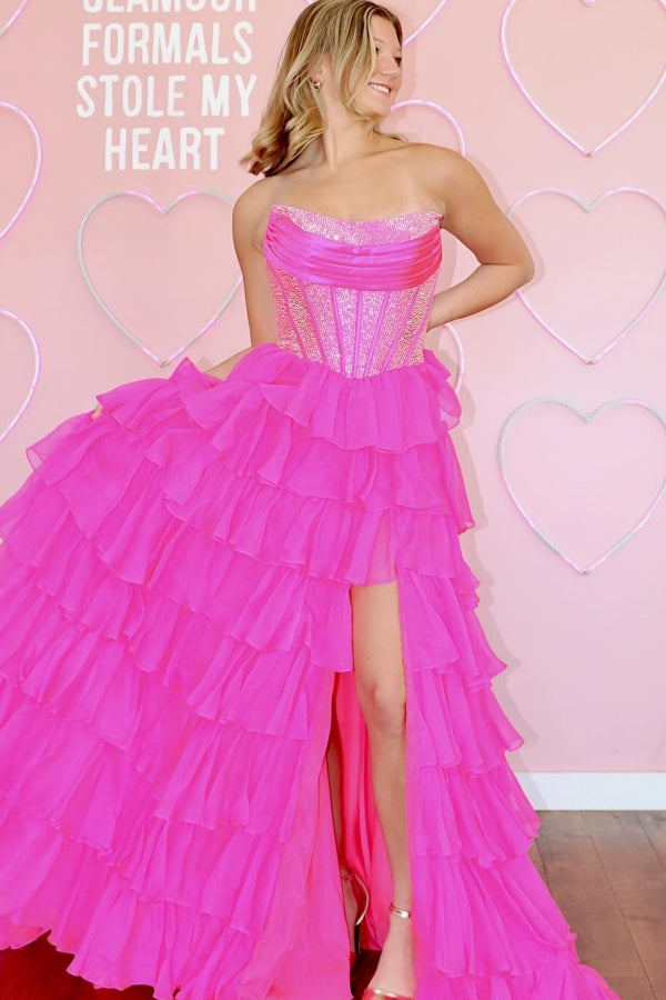 A-Line Boat Neck Beaded Chiffon Tiered High Side Slit and Train Prom Dress WU1411