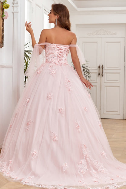 WQ1266 - Elegant & Modern Ball Gown Off Shoulder Sleeveless Beaded Flower Appliques Baby Pink Tulle Quinceanera Dress Formal Evening Gown for Sweet 16