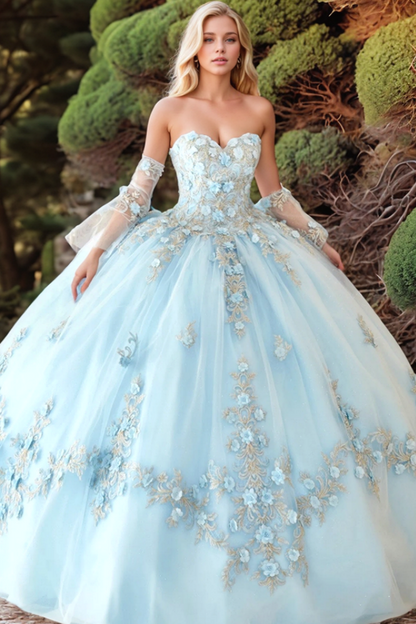 WQ1306 - Chic & Modern Ball Gown Sweetheart Neck Detachable Long Bell Sleeves 3D Flower Appliques Lace Up Sky Blue Tulle Quinceanera Dress Formal Evening Party Gown for Sweet 16