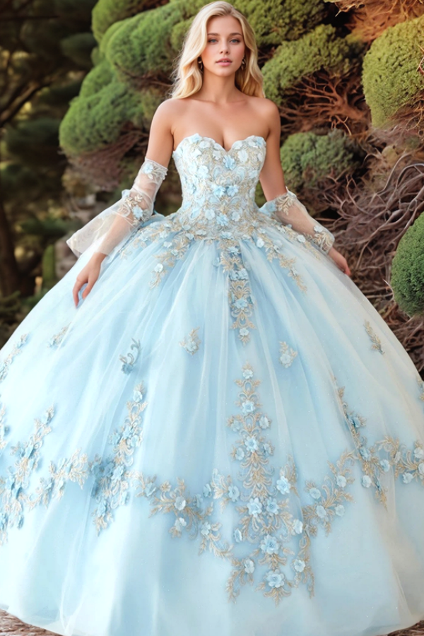 WQ1306 - Vestido de quinceañera elegante y moderno con escote corazón, mangas largas acampanadas desmontables, apliques de flores 3D, encaje azul cielo, tul, vestido formal de noche para fiesta de quinceañera.