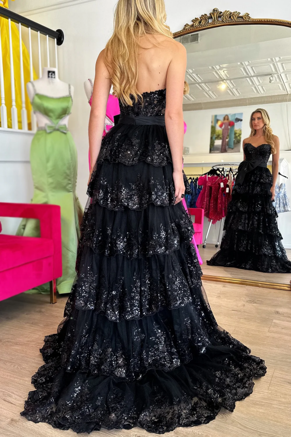 WU1041 - A-Line Strapless Sleeveless Lace Sequins Apliques Tiered High Side Slit Floor Length Prom Dress Evening Party Gown with Bow Knot