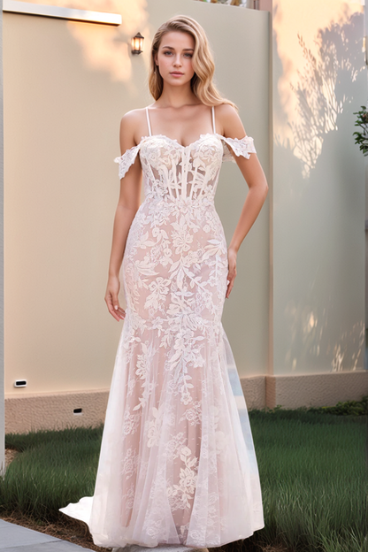 WW1031 - Mermaid Off Shoulder Spaghetti Straps Sleeveless Fully Lace Appliques Back Zipper Tulle Boho Wedding Dress Bride Gown