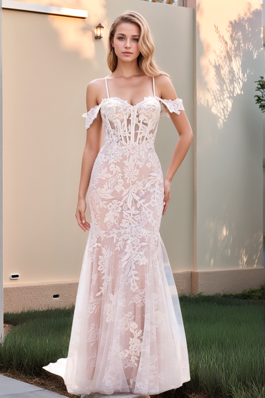 WW1031 - Mermaid Off Shoulder Spaghetti Straps Sleeveless Fully Lace Appliques Back Zipper Tulle Boho Wedding Dress Bride Gown