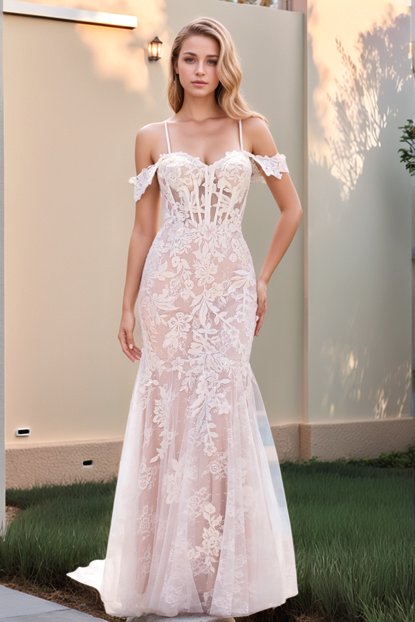 Mermaid Off Shoulder Spaghetti Straps Lace Appliques Tulle Boho Wedding Dress WW1031