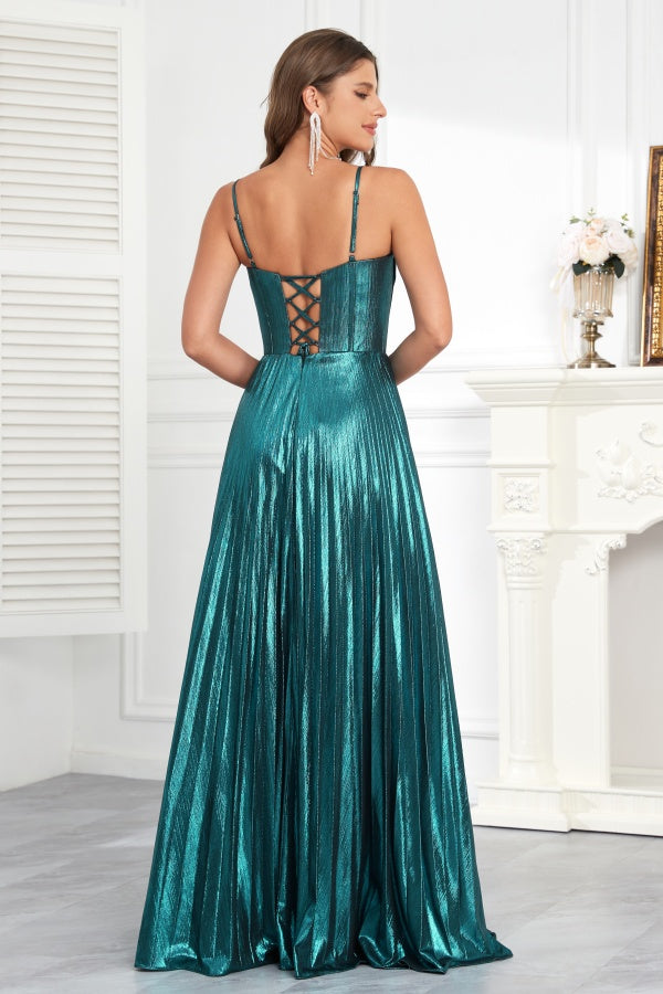 WU1096 - Chic & Modern A-Line Strapless Spaghetti Pleated Ruched Prom Party Dress Criss Cross Straps High Side Slit Formal Evening Dress Cocktail Gown Wedding Guest Dress