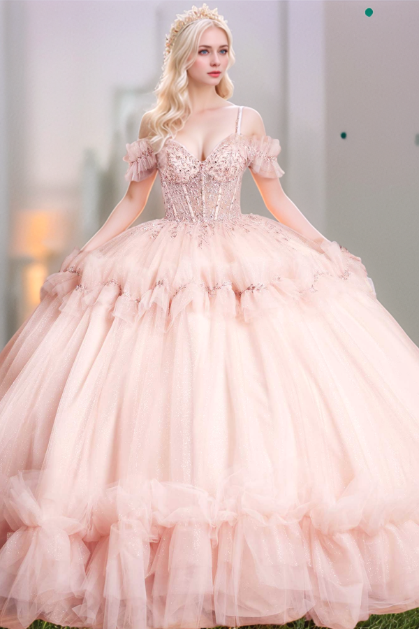 WQ1276 - Chic & Cute Ball Gown Off Shoulder Spaghetti Straps Appliques Sequins Beaded Tiered Baby Pink Tulle Quinceanera Dress Birthday Party Dress for Sweet 16