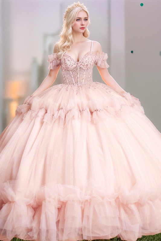 Robes longues de Quinceanera pour femmes, Corset sans bretelles avec appliques florales, robe de bal en Tulle perlé