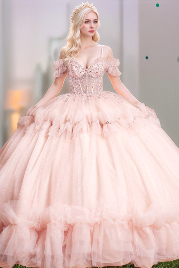 Off Shoulder Spaghetti Straps Appliques Sequins Beaded Pink Quinceanera Dress for Sweet 16 WQ1276
