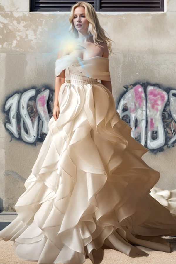 A-Line Off Shoulder Ruffles Tiered Chiffon Wedding Dress WW1016