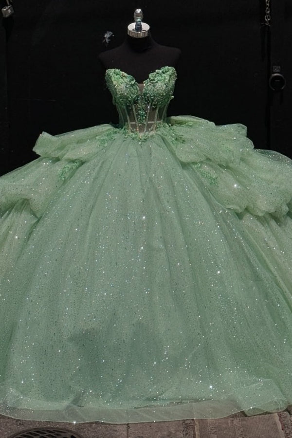 WQ1286 - Chic & Modern Ball Gown Sweetheart Neck Lace Up Bow Knot Tiered Beaded Sequins Appliques Mint Green Sparkly Tulle Quinceanera Dress Birthday Party Gown for Sweet 16