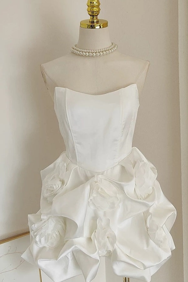 A-Line Boat Neck 3D Flowers Ruched Satin Homecoming Dress WH1042