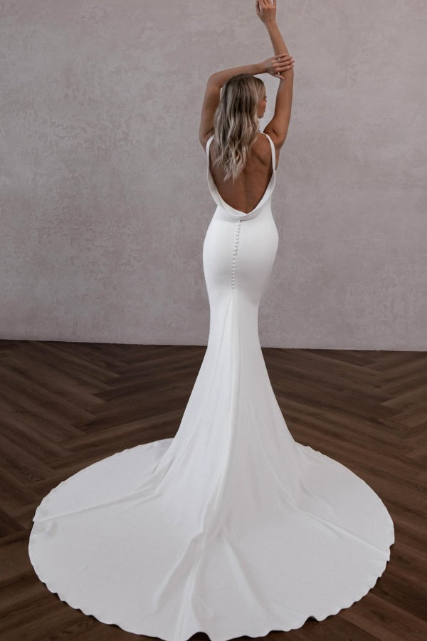 Mermaid V Neck Spaghetti Straps Backless Satin Wedding Dress WW1064