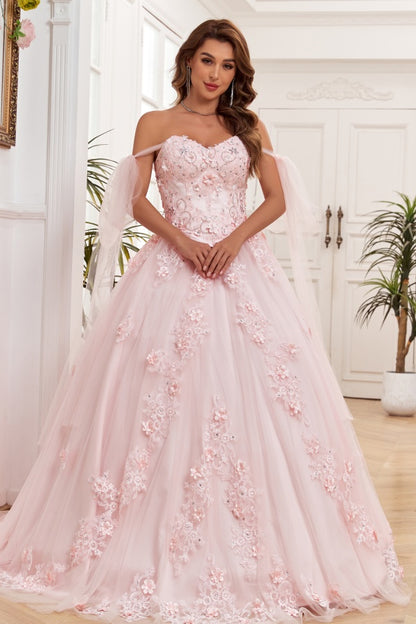 WQ1266 - Elegant & Modern Ball Gown Off Shoulder Sleeveless Beaded Flower Appliques Baby Pink Tulle Quinceanera Dress Formal Evening Gown for Sweet 16