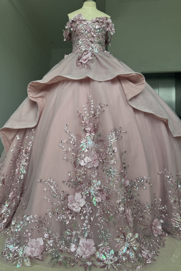 Langes Quinceanera-Kleid mit Herzausschnitt für Damen, trägerloses Korsett mit Blumenapplikationen, Perlenbesetztes Tüll-Ballkleid 