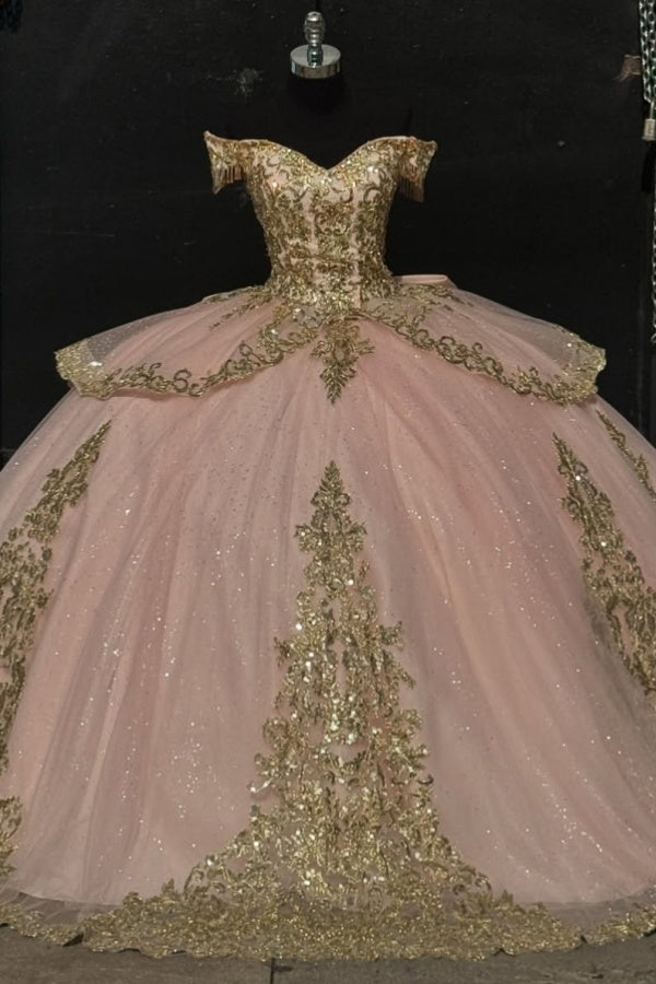 Langes Quinceanera-Kleid mit Herzausschnitt für Damen, trägerloses Korsett mit Blumenapplikationen, Perlenbesetztes Tüll-Ballkleid 