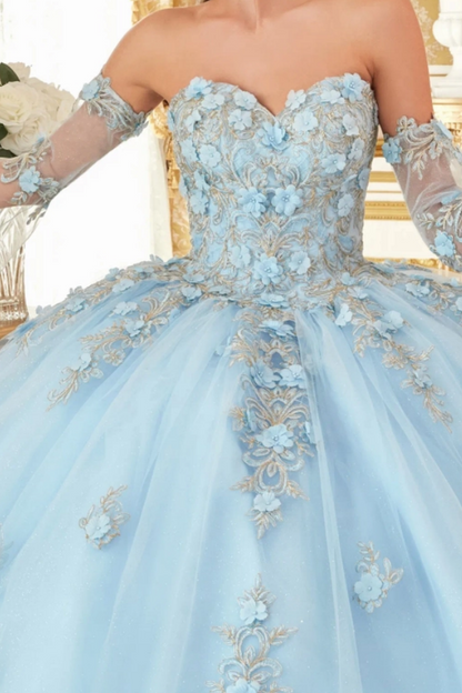 WQ1306 - Chic & Modern Ball Gown Sweetheart Neck Detachable Long Bell Sleeves 3D Flower Appliques Lace Up Sky Blue Tulle Quinceanera Dress Formal Evening Party Gown for Sweet 16