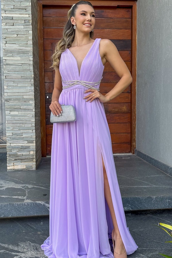 A-Line Low V Neck Straps Crystal Beaded Chiffon Side Slit and Train Prom Dress WU1490