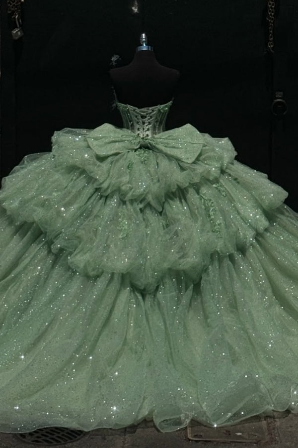 WQ1286 - Chic & Modern Ball Gown Sweetheart Neck Lace Up Bow Knot Tiered Beaded Sequins Appliques Mint Green Sparkly Tulle Quinceanera Dress Birthday Party Gown for Sweet 16