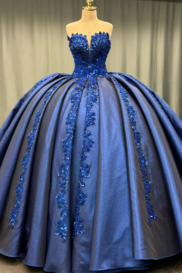 Langes Quinceanera-Kleid mit Herzausschnitt für Damen, trägerloses Korsett mit Blumenapplikationen, Perlenbesetztes Tüll-Ballkleid 
