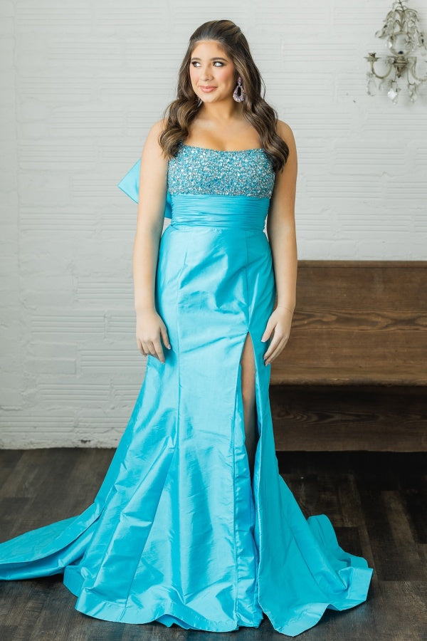 WU1130 - Wunderschönes schulterfreies ärmelloses Ball- und Partykleid mit Pailletten, hohem Seitenschlitz und Schleppe, Abendkleid, Cocktailkleid