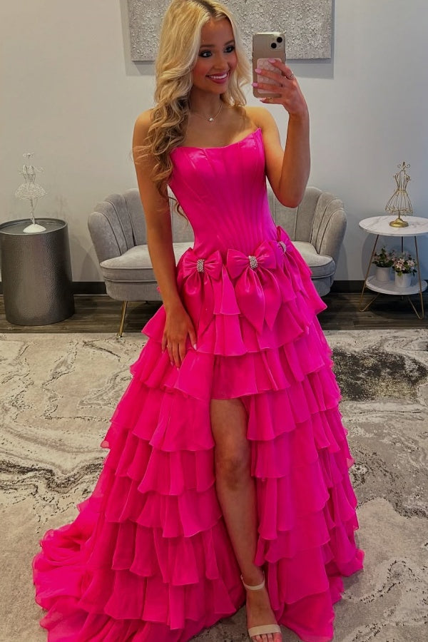 A-Line Boat Neck Beaded Bow Knot Tiered High Side Slit and Train Prom Dress WU1481