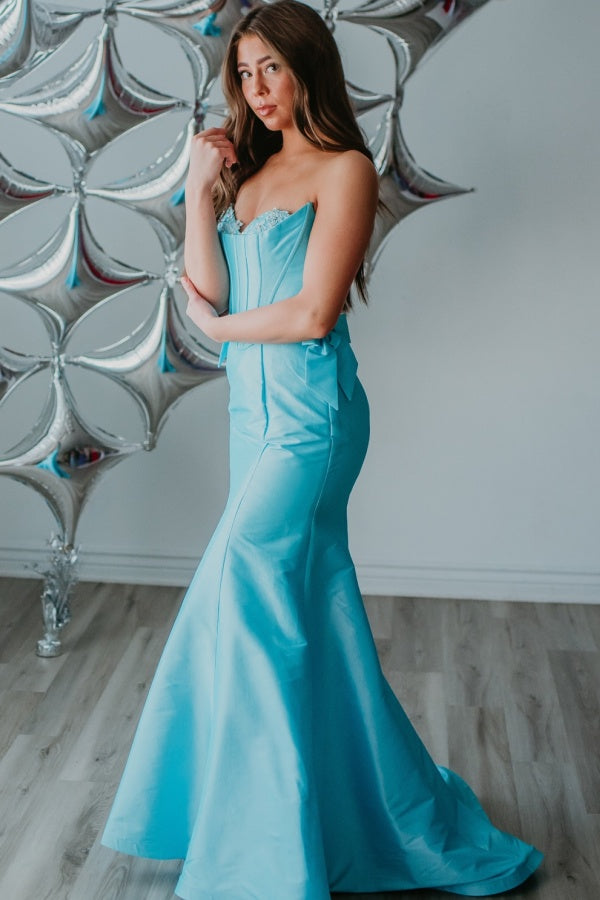 Mermaid Boat Neck Appliques Bow Knot Prom Party Dress WU1401