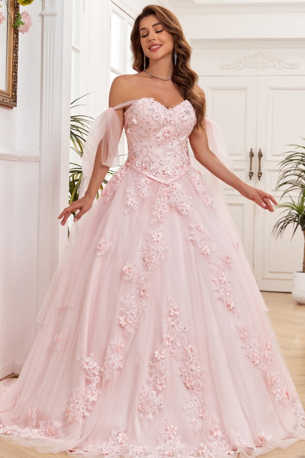 WQ1266 - Elegant & Modern Ball Gown Off Shoulder Sleeveless Beaded Flower Appliques Baby Pink Tulle Quinceanera Dress Formal Evening Gown for Sweet 16