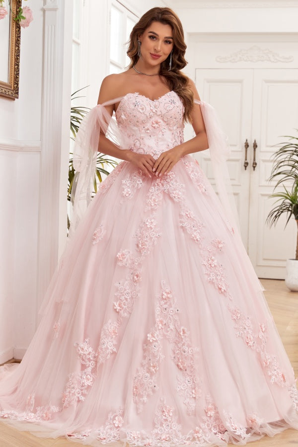 WQ1266 - Elegant & Modern Ball Gown Off Shoulder Sleeveless Beaded Flower Appliques Baby Pink Tulle Quinceanera Dress Formal Evening Gown for Sweet 16