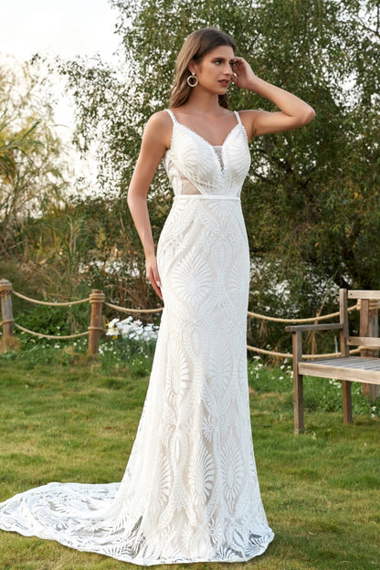 WW1001 - Gorgeous Mermaid V Neck Spaghetti Straps Sleeveless Fully Lace Bohemian Wedding Dress V Back Open Back Floor Length Court Train Bridal Gown