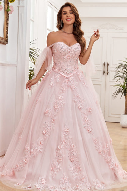 WQ1266 - Elegant & Modern Ball Gown Off Shoulder Sleeveless Beaded Flower Appliques Baby Pink Tulle Quinceanera Dress Formal Evening Gown for Sweet 16