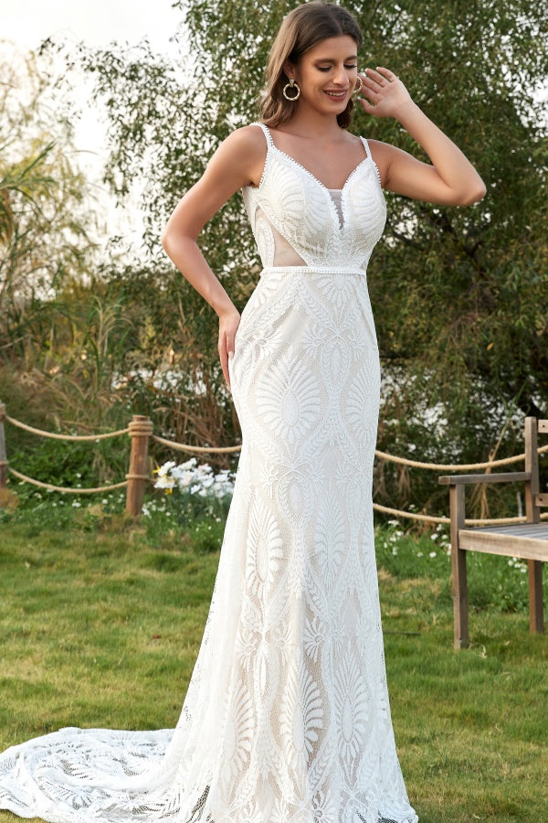 WW1001 - Gorgeous Mermaid V Neck Spaghetti Straps Sleeveless Fully Lace Bohemian Wedding Dress V Back Open Back Floor Length Court Train Bridal Gown