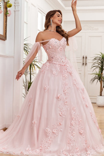 WQ1266 - Elegant & Modern Ball Gown Off Shoulder Sleeveless Beaded Flower Appliques Baby Pink Tulle Quinceanera Dress Formal Evening Gown for Sweet 16