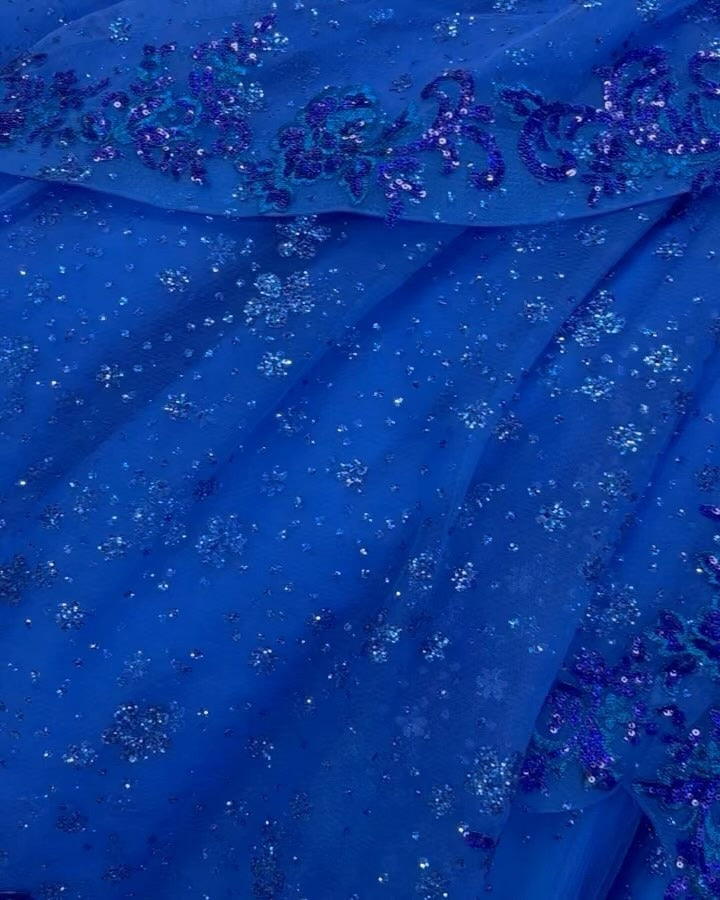 Royal Blue Quinceanera Dresses Off Shoulder Corset Ball Gown Lace Appliques Beaded Corset Tiered Glitter Tulle Ruffles Prom Party Gowns Sweet 16 Dress