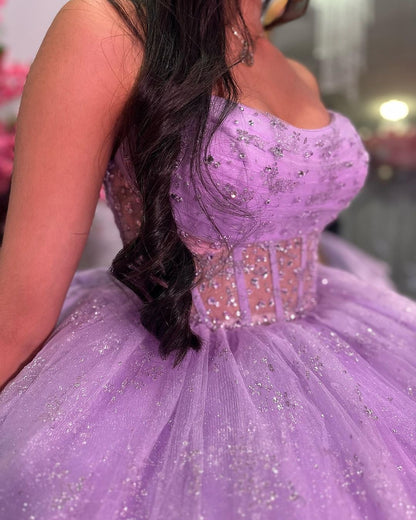 WQ1152 - Chic & Glitter Ball Gown Strapless Tiered Bow Knot Lilac Tulle Quinceanera DressPrincess Evening Party Gown for Sweet 16