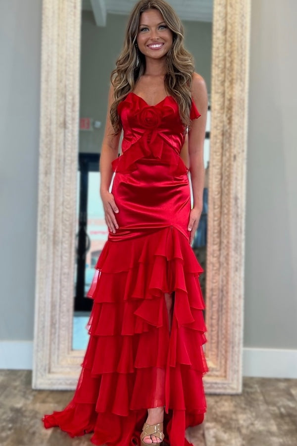 WU1130 - Wunderschönes schulterfreies ärmelloses Ball- und Partykleid mit Pailletten, hohem Seitenschlitz und Schleppe, Abendkleid, Cocktailkleid