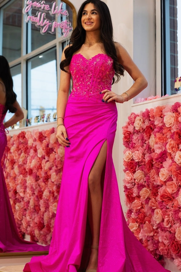 WU1130 - Wunderschönes schulterfreies ärmelloses Ball- und Partykleid mit Pailletten, hohem Seitenschlitz und Schleppe, Abendkleid, Cocktailkleid